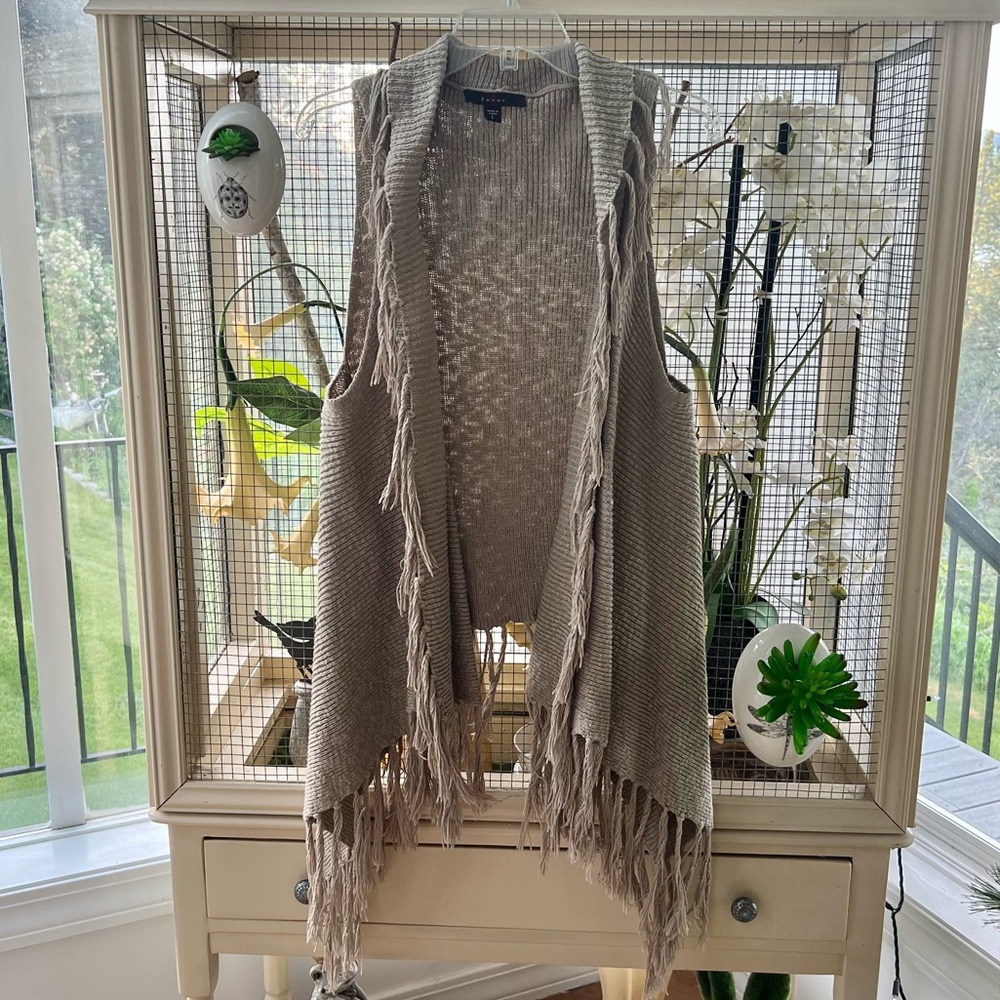 Fever Knit Fringe Mocha Asymmetrical Vest L